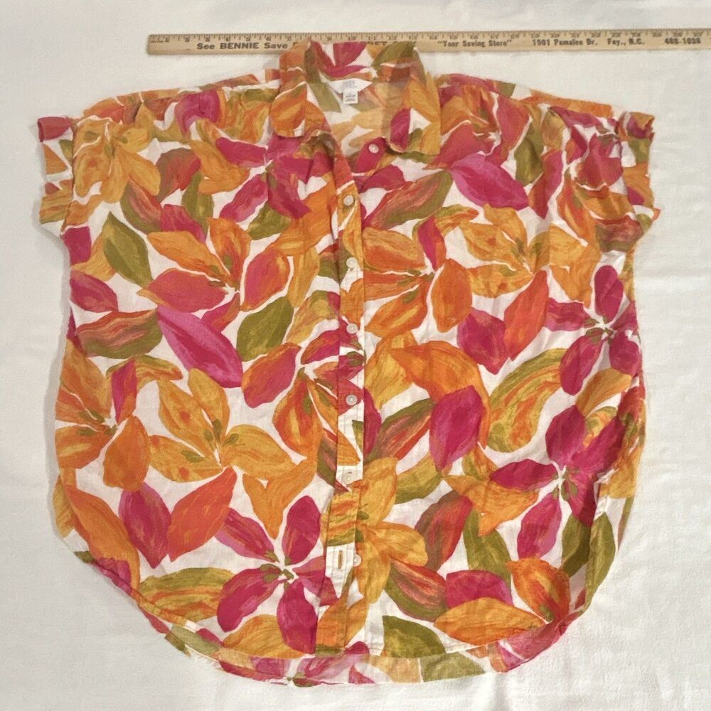 Time and Tru Multicolor Floral Collared Cap Sleeve Button-Up Top L (12-14) 0219